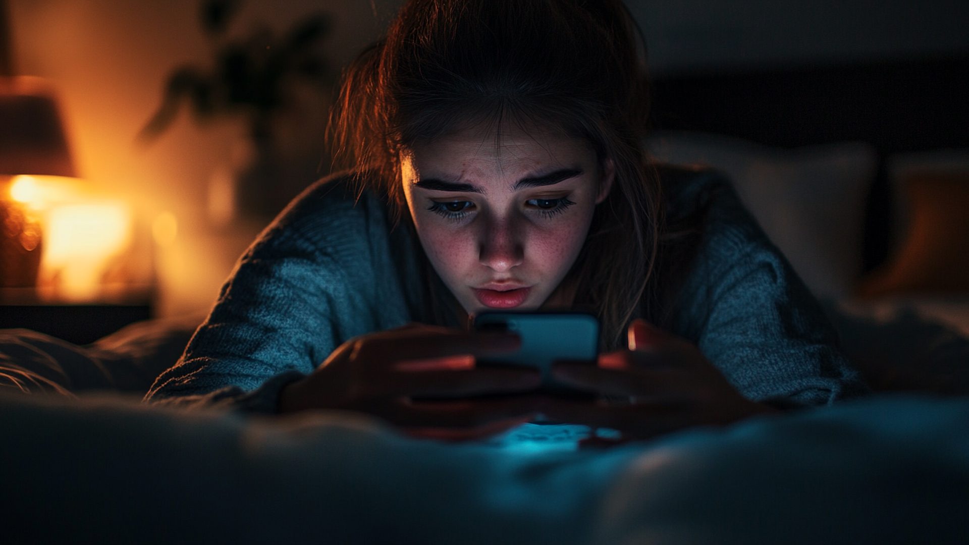 Mujer tumbada en la cama por la noche mirando el móvil con expresión ansiosa
