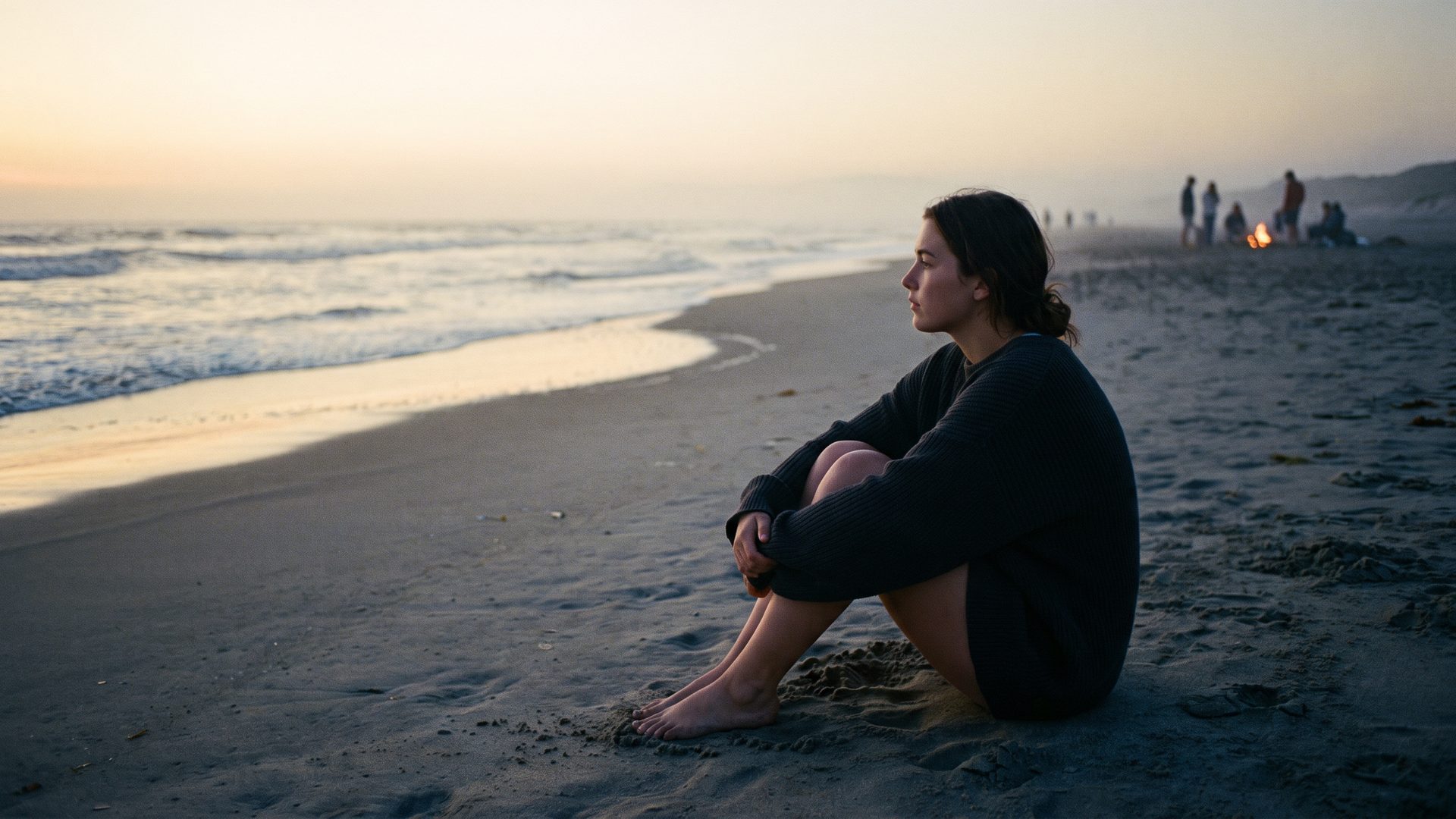 Mujer joven sola en una playa tranquila al atardecer, abrazándose las rodillas frente al mar, su primer verano después de una ruptura