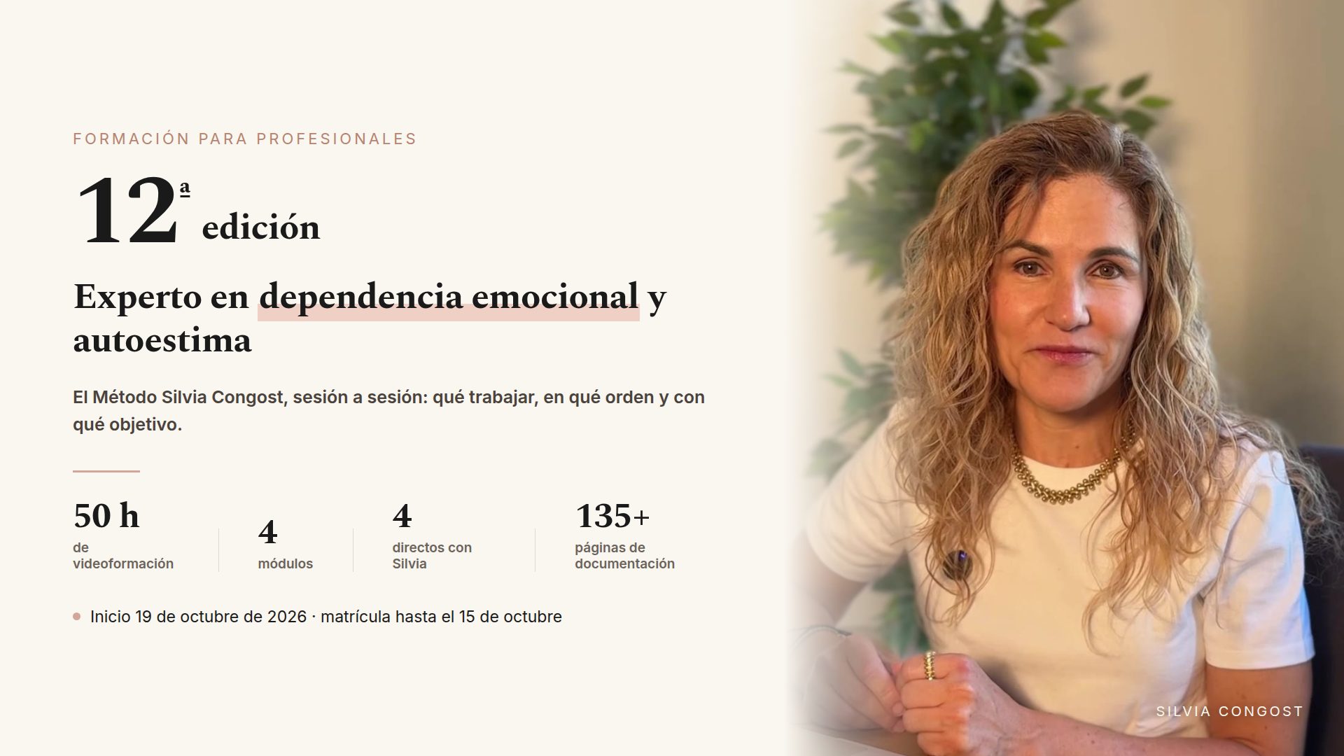 Silvia Congost anuncia la 12ª edición de la formación de experto en dependencia emocional y autoestima, con inicio el 19 de octubre de 2026